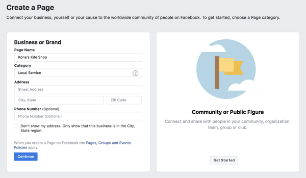 Business information on Facebook business page